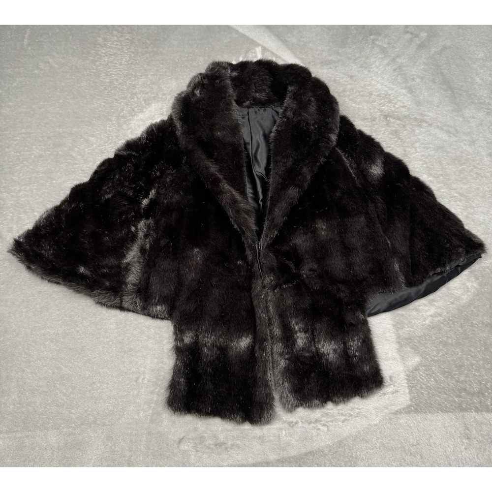 Vintage Black Faux Mink Fur Cape Womens Jacket Capelet Shawn Collar 50s 60s MCM